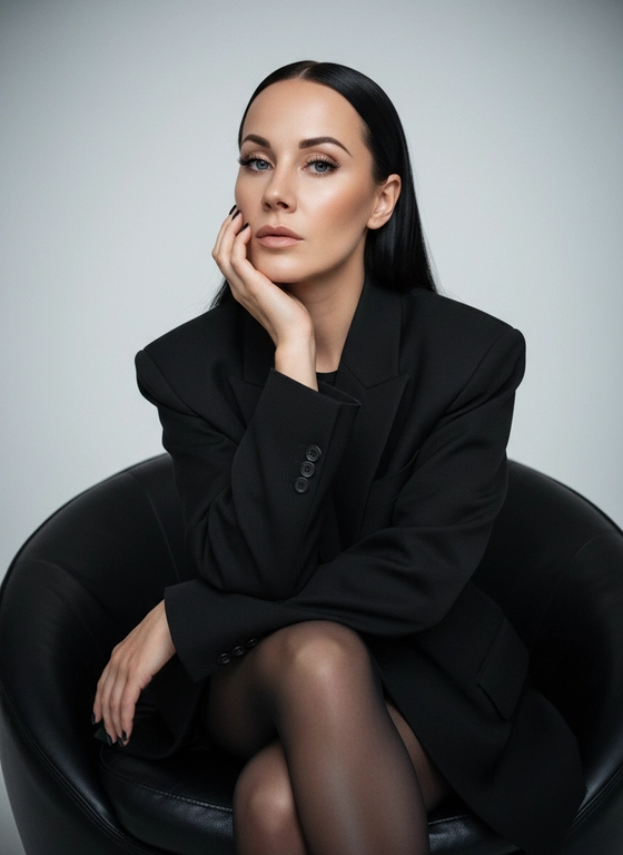 меняй черты лица студийный экстремально близкий портрет девушки
Девушка одета в черный пиджак оверсайз с объемными плечами. Черные плотные капроновые колготкИ.
Поза её: она сидит на кожаном черном кресле круглом. Нога на ногу, одна рука опущена, а другая держит ладонью подбородок. Голова немного наклонена
Её волосы блестящие прямые и убраны назад за уши
Макияж легкий красивый, пышные ресницы, сияющая кожа, ногти чёрные короткие Фон фотографии студийный серо-белый.
Студийный свет с небольшим затемнением
Легкая зернистость
Формат 9:16