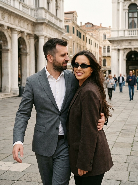 СТРОГО сохранить внешность людей с фото 1:1 — лица, черты, пропорции, цвет и длину волос. Формат 3:4. Фотореалистичный уличный кадр. Камера на уровне груди, кадрирование от талии женщины до головы. Мужчина слева, женщина справа, пара идёт вплотную боком друг к другу по каменной площади на фоне классической европейской архитектуры с колоннами, арками и старинными фасадами. Мужчина слегка поворачивает голову к женщине и смотрит на неё. Его правая рука обнимает её за талию, левая рука вынесена вперёд в движении. Женщина боком прижата к мужчине, одна рука не видна за мужчиной, вторая опущена вдоль тела. Голова женщины повернкта к камере, на глазах черные узкие солнцезащитные очки. Волосы мягко развеваются ветром. Одежда: у мужчины серый классический костюм и белая рубашка, у женщины тёмно-коричневый оверсайз-пиджак. Тёплый плёночный тон, слегка выцветшая палитра, low contrast, мягкое зерно. На заднем фоне видно людей