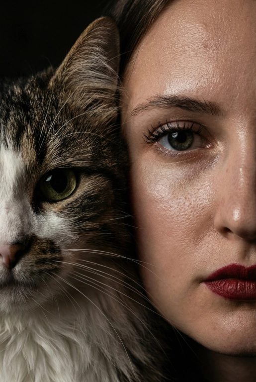   создай портрет, не меняя черты лица. Крупный план (extreme close-up) двух лиц людей, их лица прижатых друг к другу. Видны только половины каждого лица.
Драматичное освещение в стиле чиароскуро, глубокие тени.
Невероятная детализация кожи: видны поры, текстура, естественный блеск у женщины.
Выразительный взгляд прямо в камеру. Высокое разрешение, макросъемка, профессиональное студийное фото, 8K.