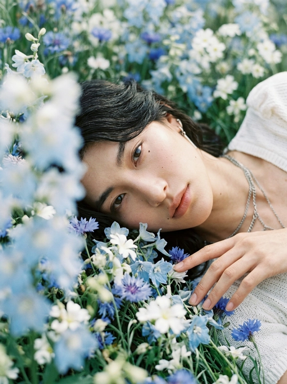 Экстремально крупный, кинематографичный портрет лица человека, лежащего среди густых полевых цветов, камера максимально близко — в кадре преимущественно лицо, черты сохранены без изменений, вокруг море цветов, создающее ощущение мягкого природного кокона, одна рука изящно поднята над головой, вторая мягко касается цветов рядом, на переднем плане сбоку частично размытые, не в фокусе цветы добавляют глубину и лёгкое ощущение движения, одета в летнее белое вязаное платье с объёмными рукавами, мягкая текстура ткани едва читается, естественный мягкий свет подчёркивает кожу и блики в волосах, малая глубина резкости, художественное боке, атмосферный кадр с деликатным плёночным зерном.



Какие будут цветы?: Цветы нежно-голубых, синих и белых оттенков.