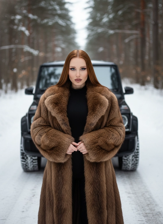 Создай, не меняя черты лица. Реалистичный снимок, высокая детализация лица, кадр на заснеженной лесной дороге при холодном мягком зимнем освещении, подчёркивающем контраст суровой природы и гламура.  
Портретная съёмка. Женщина стоит у машины, смотрит в камеру. На ней чёрный облегающий комбинезон с длинными рукавами и высоким горлом, длинная, объёмная, натуральная меховая шуба коричневого цвета с фактурой, руки перед собой. Свет и тени акцентируют линии тела и стройность позы, мощная машина на фоне сочетает индустриальную холодность с природной суровостью. Снег покрывает землю, создавая контраст тепла меха и мороза, придавая атмосфере таинственность и силу. Цвета — приглушённые тёмные и естественные с акцентом на чёрное и коричневое, как кадр из кинематографичного модного фотопроекта, фотореалистичное, высокая текстурная детализация, 4К. Сзади автомобиль Mercedes‑Benz G 63 AMG