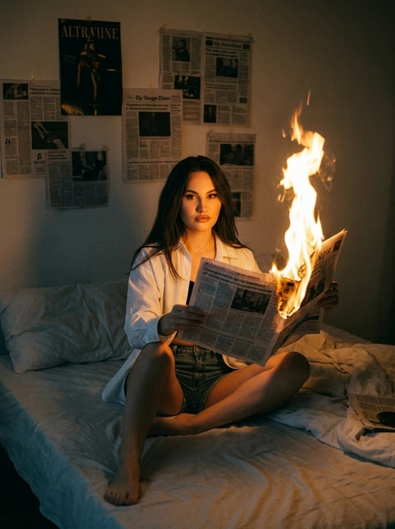 Фотореалистичный фронтальный bedroom-shot в тёплой приглушённой вечерней атмосфере. Женщина расслабленно сидит босиком на неубранной кровати, облокотившись на стену спиной, одна нога согнута, другая нога вытянута, естественная поза. На ней короткие джинсовые шорты и открытый верх без акцента на одежде. Она держит перед собой раскрытую газету, середина и правый край газеты охвачен высоким ярким пламенем. Девушка смотрит прямо в камеру с спокойным, слегка отстранённым выражением лица. Снято с фронтального верхнего ракурса. Небольшая спальня с белой стеной, на стене хаотично развешаны постеры и вырезки, мягкое зерно, эстетика пленочной фотографии 2000-х, low light, низкая экспозиция, warm tungsten lighting, cinematic shadows, moody, candid, домашняя атмосфера, натуральная кожа, мягкий фокус, сильное пленочное зерно, вертикальный кадр.