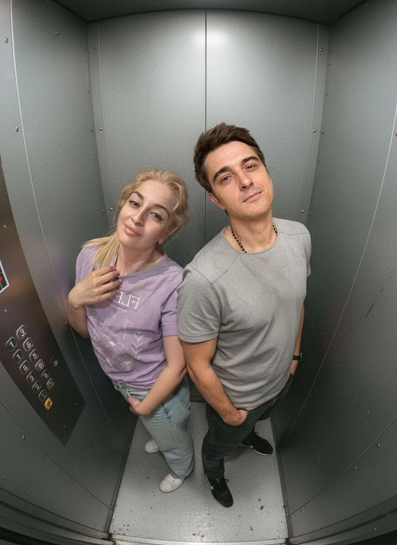 Используй предоставленные изображения и создай фото с двумя людьми в лифте с металлическими стенами. Цветовая гамма с преообладанием серых металлических оттенков. Кадр снят с максимально верхнего ракурса, люди будто заглядывают в камеру, их головы подняты наверх, взгляд в камеру. Легкий эффект fish eye. Реалистичное фото. Зернистость пленочного фото, насыщенные цвета, стиль фото y2k. Сохрани черты лица людей. Они стоят спиной друг к другу. Руки в карманах.