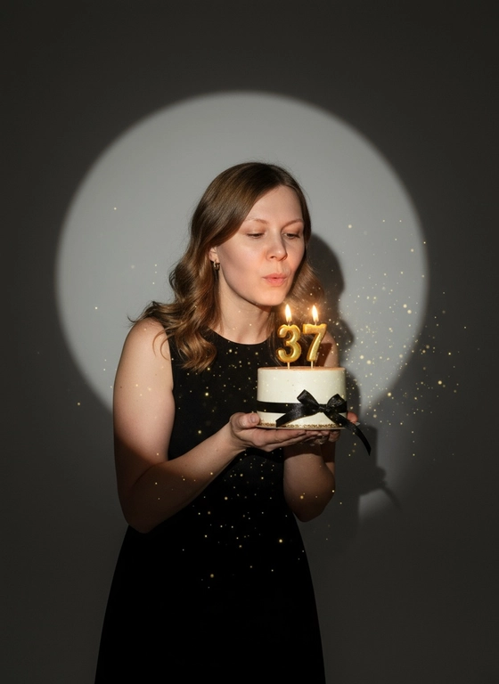 Фотореалистичный портрет женщины с точно таким же лицом, чертами, выражением и цветом волос, как на исходной фотографии - ничего не изменять. Атмосфера - день рождения: мягкий блеск свечи отражается на её лице, в воздухе лёгкие золотистые блёстки, создающие праздничное сияние. Фон темно-серый. Освещение студийное, контрастное, с кругом света на фоне, создающим выразительную тень. Волосы - волнистые, мягко подсвечены. Она немного стоит полубоком. Женщина держит в руках маленький праздничный торт, украшенным чёрными лентами и изящной цифрой из золотых свечей; Она сдувает свечу. Она одета в черное платье без рукавов. Свечки в виде цифр 37.