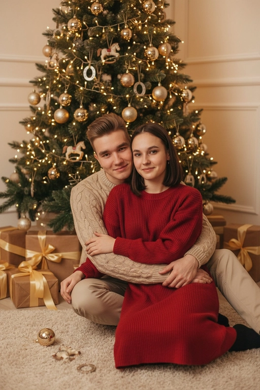 Используй предоставленные изображения и создай фото из домашней новогодней фотосессии. Не меняйте черты лица. . В кадре мужчина и женщина, они сидят на полу в обнимку, улыбаются и смотрят в камеру. Мужчина обнимает женщину сзади за талию. На женщине надето вязаное длинное платье с длинными рукавами. На мужчине вязаный свитера и штаны. На заднем плане стоит наряженная елка с игрушечными шарами, игрушечными лошадками, игрушечными подковами. Под елкой разложены подарочные коробки, перевязанные золотыми лентами. Рядом с парой лежат несколько елочных игрушек как на елке. Фотография выполнена в теплой цветовой гамме. Атмосфера уютная и праздничная. цвет платья девушки- красный, цвет свитера и штанов мужчины - бежевый.