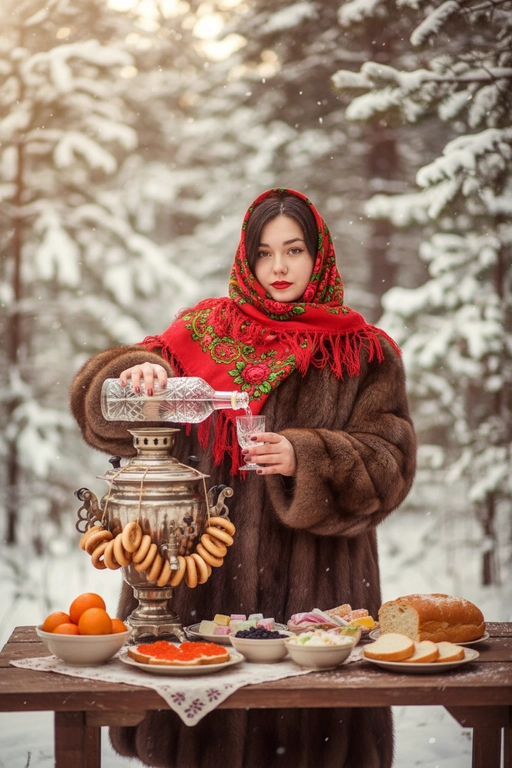  Создай насыщенный, атмосферный, зимний портрет на улице. Я нахожусь в заснеженном лесу, окруженном елями, и стою за столом, накрытым для традиционного чаепития. На мне надета большая, пушистая, роскошная, дорогая, шуба из натурального баргузинского соболя, яркий русский платок (павлопосадский платок) красного цвета, повязанный на голову, с акцентом на красной помаде. Я смотрю в камеру .На столе стоит старинный серебряный самовар, украшенный связками золотистых баранок, а также миски с мандаринами, русскими сладостями, бутерброды с красной икрой, черная икра в маленькой миске, нарезанный батон.
Зимний лес, всё покрыто инеем и мягким снегом. Качество: реалистичная фотография, кинематографический свет, мягкое боке, теплый тон, детальная проработка меха и узоров на платке.
  Правой рукой я наливаю прозрачную жидкость из большой хрустальной бутылки в маленький стеклянный бокал. 