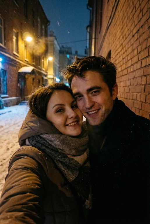 Спонтанное POV селфи людей на переднюю камеру iphone с близкого расстояния, глядя прямо в камеру. Сам телефон не виден. Ночь, зима, переулок в Москве. Фото темное, смазанное и реалистичное. Селфи с Робертом Паттинсоном