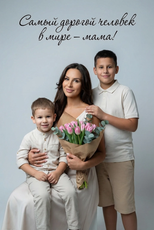 Создай трогательный кадр из профессиональной фотосессии в студии, где запечатлен момент близости матери и ее ребенка/детей. Дети могут быть как взрослыми так и детьми, в зависимости от предоставленных фото. Сделай так, чтобы все они смотрелись гармонично и трогательно. Мама одета в светлое платье. Ее дети/ребенок одеты в подходящую по стилю фотосессии. Освещение холодное. Фон светлый, бесшовный. Фото в стиле Энни Лейбовиц, четкий фокус. У мамы в руках букет розовых тюльпанов и эвкалипта в крафтовой бумаге. Люди смотрят в камеру с мягкой улыбкой. Наверху поверх фото красивым рукописным шрифтом с завитками написано:  Самый дорогой человек в мире – мама!
