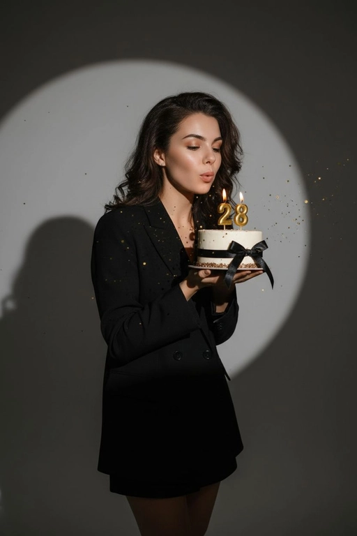 Фотореалистичный портрет женщины с точно таким же лицом, чертами, выражением и цветом волос, как на исходной фотографии - ничего не изменять. Атмосфера - день рождения: мягкий блеск свечи отражается на её лице, в воздухе лёгкие золотистые блёстки, создающие праздничное сияние. Фон темно-серый. Освещение студийное, контрастное, с кругом света на фоне, создающим выразительную тень. Волосы - волнистые, мягко подсвечены. Она немного стоит полубоком. Женщина держит в руках маленький праздничный торт, украшенным чёрными лентами и изящной цифрой из золотых свечей; Она сдувает свечу. Она одета в чёрной пиджак и короткую юбку . Свечки в виде цифр 28