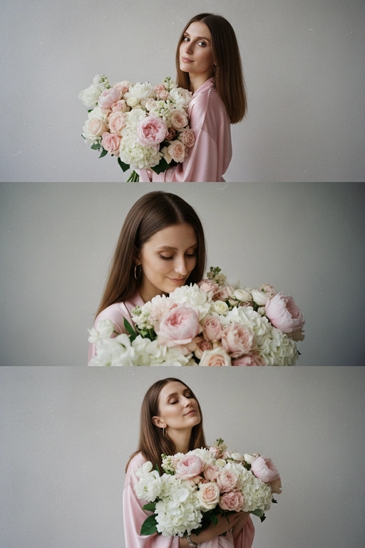 Не меняй черты лица, оставь их точь в точь как на загруженном фото, в том числе макияж и волосы.
Композиция из триптиха изображает женщину дома с цветами
На ней свободная пижама кимоно в пол нежно розового цвета.

На верхнем кадре портрет крупным планом, женщина смотрит в камеру лицо боком в руках у неё огромный букет. На заднем плане светлая стена размыты.

На центральном кадре сверхкрупный план, та же девушка, ее голова слегка наклоненная вперед, она принюхивается к букету, ее глаза закрыты, на лице легкая улыбка.  Кадр снятый с очень близкого расстояния, видно только часть огромного букета и лица  

На нижнем кадре портрет крупным планом изображена всё та же женщина, голова запрокинута вверх глаза закрыты, прижимает все тот же огромный букет к груди

Цветовая палитра приглушена, с нежными розовым, белым
Общий стиль наводит на романтику. Присутствует видимая зернистость.  Букет цветов - разные цветы