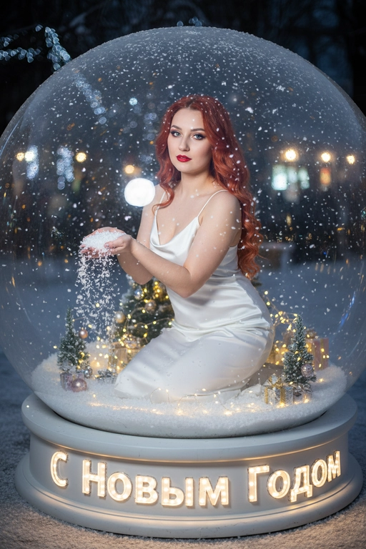 Создай женщину с легкой укладкой на волосах и ярким макияжем, позирующую внутри гигантского снежного шара.  Она стоит на коленях и держит горсть искусственного снега. Внутри шара виден небольшой рождественский ёлочный декор и падающие снежинки, а у основания светящимися буквами написано слово «С Новым Годом». Используй приложенное фото как образец. Воспроизведи моё лицо точно на 100 %. На ней белое платье-комбинация из атласа на бретельках не меняя лица 
