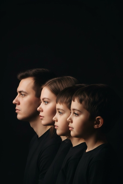 Профессиональный студийный портрет с низким контрастным светом. Головы расположены строго в одну линию, каскадом. боковой профиль, взгляд влево. У всех видны только головы и немного плечи. Черный фон. Черная одежда у всех. Люди занимают весь кадр. Фото поколений у женщины волосы темные сначала мама потом сын потом дочь не изменяя лица4 человека. Порядок слева на право: отец-> мать-> сын-> дочь.