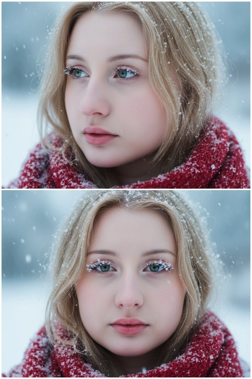 Создай коллаж из двух кадров человека, снятых крупным планом на улице зимой. Камера расположена близко, чтобы в кадре были видны лицо, шея и часть одежды. Главный акцент — на лице, глазах и снежинках, которые легли на волосы и ресницы.

Освещение мягкое, естественное, как в пасмурный зимний день. Вокруг падает лёгкий снег, отдельные снежинки чётко видны в воздухе и на коже. Фон — мягко размытый, с холодными оттенками (бело-голубой, серо-синий).

Первый кадр — человек смотрит в сторону, выражение мягкое, задумчивое, естественное. Крупный план лица, видно часть красного шарфа.
Второй кадр — прямой взгляд в камеру, нейтральное или лёгкое выражение лица, ресницы в снегу. Крупный план лица, видно часть красного шарфа.

Кожа чистая и естественная, без ретуши, текстура лица и губ сохранена. Фото выглядят как профессиональная зимняя портретная съёмка крупным планом, с эффектом свежести и спокойствия.

Оба кадра объединены в вертикальный коллаж в едином тоне и свете. Атмосфера — реалистичная, теплая и немного кинематографичная.
