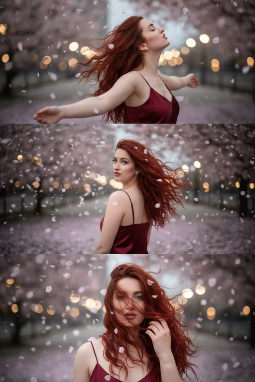 Не меняй черты лица, оставь их точь в точь как на загруженном фото. Фото в стиле триптиха, на котором изображена женщина в ночном городе.

На верхней панели изображена женщина по грудь, в профиль, расположенная в правой части кадра. Она запрокинула голову назад и закрыв глаза будто смотрит в небо разведя руки в стороны. Ее волосы развеваются на ветру закрывая лицо. На заднем плане ночной город полный ярких фонарей, где спокойно и нет людей, в небе развиваются от ветра листья сакуры . 

На средней панели изображена всё та же женщина со спины, смотрящая в кадр. На фоне все усыпано лепестками сакуры и они почти полностью перекрывают ночной город. Её волосы сильно развеваются на ветру в них запутались лепестки сакуры . 

На заднем плане нижней панели, крупным планом, изображено лицо всё той же женщины, частично скрытое развевающимися на ветру волосами в них немного лепестков сакуры, которая смотрит прямо на зрителя. Правой рукой она придерживает волосы, демонстрируя белое обручальное кольцо. 

Ночной Город и небо создают нейтральный, угрюмый фон для фотографии в натуралистическом стиле и при мягком освещении. Использовать лицо с фото на 100% , не изменяя черты лица. На девушке - бордовое атласное платье на бретельках.