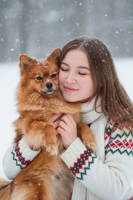 Соответствие лица: сохраняйте точные черты лица, структуру костей, разрез глаз, форму губ, текстуру кожи и оттенок по загруженной фотографии, максимально соответствует индивидуальности] -> Человек с мягкой улыбкой, полузакрытыми от счастья глазами -> нежно обнимает собаку, щека прижата к пушистой шее собаки, обе руки обвиты вокруг груди и шеи собаки, снежинки тают на шерсти и волосах., нежное, любящее выражение лица -> в кремово-белом толстом свитере скандинавской вязки с традиционным красно-зеленым рождественским рисунком на рукавах и воротнике,  в белом вязаном шарфе, свободно повязанном на шее -> на улице в сильный снегопад. В кадре видно морду собаки. Собака породы немецкий шпиц рыжая.