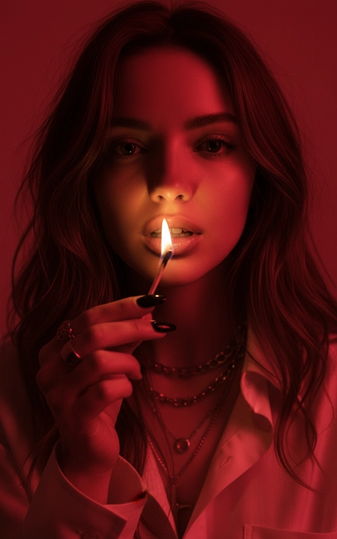 Создайте портрет с огнём у губ: ИИ-фото в темно-красном стиле