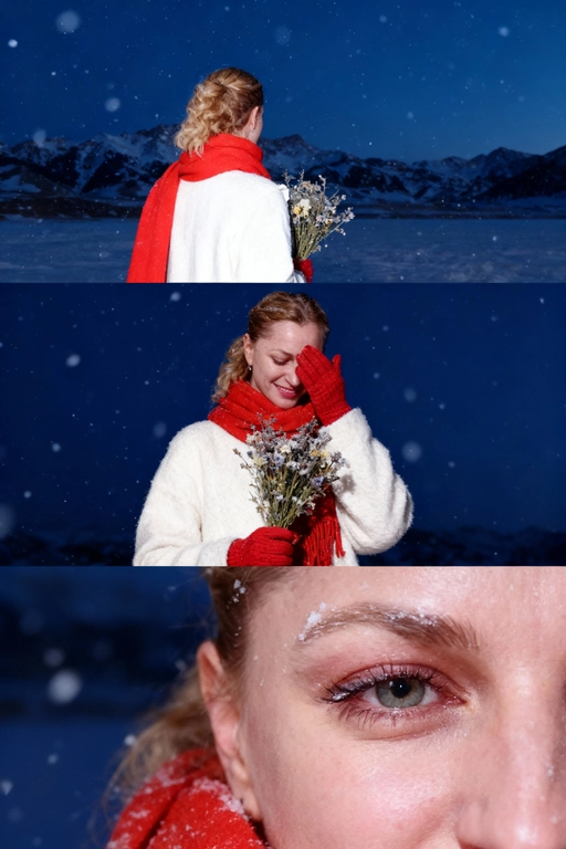 Создай коллаж не меняя черты лица. Кинематографический зимний коллаж из трёх кадров: девушка на фоне заснеженных гор и замёрзшего озера, мягкий вечерний свет, холодно, падает снег. На ней белое шерстяное пальто и ярко-красный шарф, в руках букет зимних полевых цветов. Первый кадр — со спины, её волосы и красный шарф выделяются на фоне темно-синего неба и гор; второй кадр — человек стоит на фоне темно-синего неба, улыбается, смотрит вниз, в одной руке букет, второй рукой прикрывает лицо. На руках красные вязаные перчатки. атмосфера лёгкости и свежести. на ней белое шерстяное пальто и ярко-красный шарф; третий кадр — очень крупный портрет на фоне темно-синего неба, взгляд в камеру, на ресницах снег, мягкий румянец, естественный макияж. Видно часть шарфа. Акцент на глаза. Настроение — романтичное, зимнее, немного меланхоличное, стиль — реалистичный, кинематографический, контраст белого снега и красных акцентов. Все фото сделаны ночью со вспышкой. Пленочная фотография.