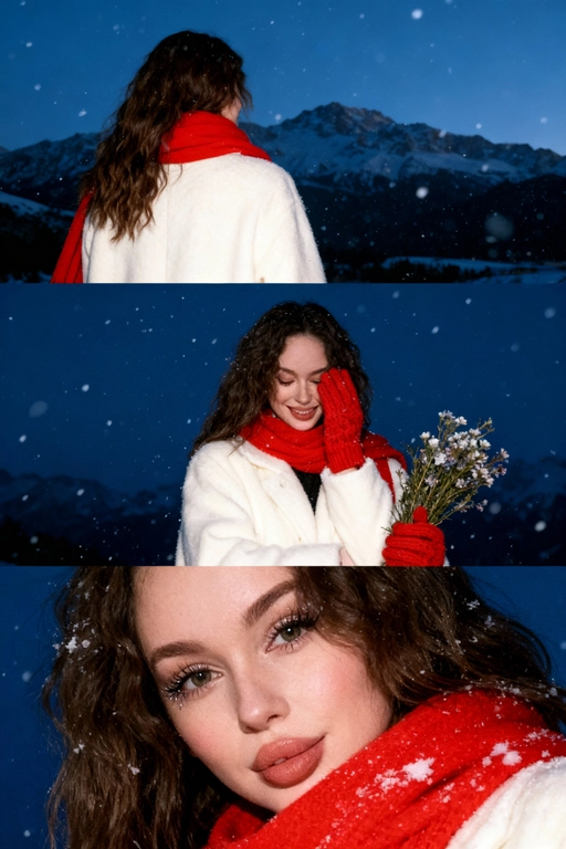 Создай коллаж не меняя черты лица. Кинематографический зимний коллаж из трёх кадров: девушка на фоне заснеженных гор и замёрзшего озера, мягкий вечерний свет, холодно, падает снег. На ней белое шерстяное пальто и ярко-красный шарф, в руках букет зимних полевых цветов. Первый кадр — со спины, её волосы и красный шарф выделяются на фоне темно-синего неба и гор; второй кадр — человек стоит на фоне темно-синего неба, улыбается, смотрит вниз, в одной руке букет, второй рукой прикрывает лицо. На руках красные вязаные перчатки. атмосфера лёгкости и свежести. на ней белое шерстяное пальто и ярко-красный шарф; третий кадр — очень крупный портрет на фоне темно-синего неба, взгляд в камеру, на ресницах снег, мягкий румянец, естественный макияж. Видно часть шарфа. Акцент на глаза. Настроение — романтичное, зимнее, немного меланхоличное, стиль — реалистичный, кинематографический, контраст белого снега и красных акцентов. Все фото сделаны ночью со вспышкой. Пленочная фотография.