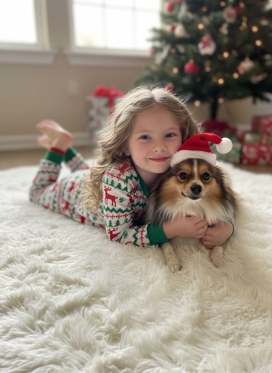 Девочка 4 года сохрани полностью лицо с загруженной фотографии одета в вогоднюю пижаму лежит на пушистом ковре в обнимку с собакой в ново днем колпаке загруженного с фото