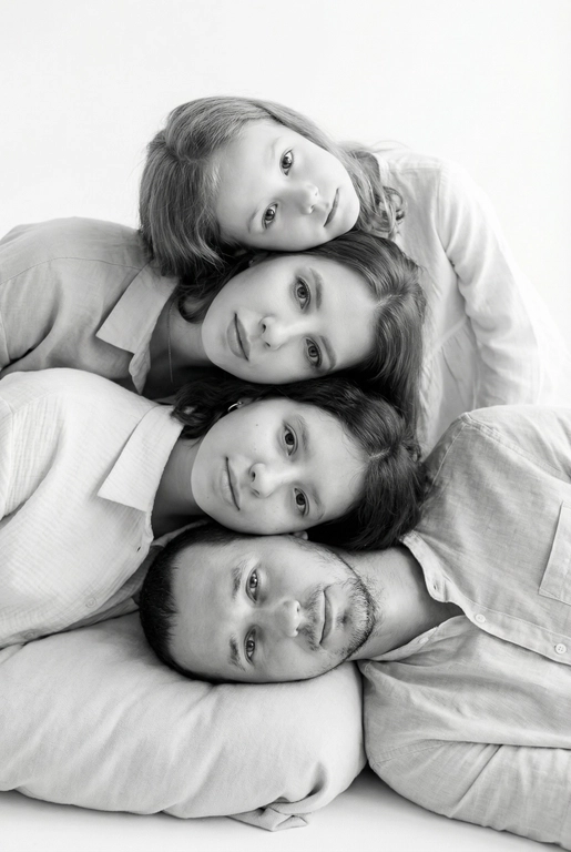 На основе предложенных фотографий, создай чёрно-белый профессиональный студийный портрет для этих людей, снятый сверху (top-down, overhead shot). Сохрани настоящие лица, возраст и индивидуальные черты людей.
Композиция «снизу вверх», шахматный порядок:
﻿﻿самый старший человек находится внизу, как мягкая подушка, его голова опирается на нейтральную студийную поверхность (например, плед или подушка);
следующие люди аккуратно и легко расположены на старшем человеке в шахматном порядке, их голова слегка приподнята, без ощущения давления; ﻿﻿

Несмотря на шахматное расположение, головы выстроены строго в одну вертикальную линию, взгляд в камеру.
Расположи их по убыванию возраста.

Видны только головы и плечи. Выражения мягкие, спокойные, нежные. Одежда однотонная, светлая или нейтральная, элегантная, без чёрного цвета.
Фон - чистый студийный, без пола и лишних деталей, создающий эффект «воздушного» портрета.
Стиль и освещение:
Студийная высококачественная чёрно-белая фотография (high-key).
Мягкий ровный свет сверху, минимум теней. Чистый фон; фотореализм, высокая детализация лиц, аккуратная текстура кожи; 8K.
