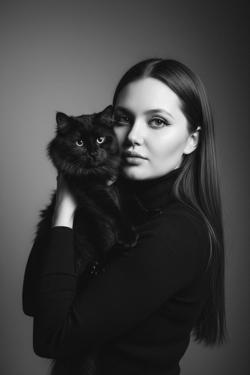 Высококонтрастный черно-белый портрет женщины в черной водолазке, держащей чёрную кошку у лица. Композиция напряжённая и интимная: оба персонажа смотрят прямо в камеру с одинаковой интенсивностью. Яркое и направленное освещение создаёт глубокие тени и подчёркивает контраст между их бледной кожей и тёмной шерстью кошки. Выражение её лица спокойное и уверенное, глаза подведены чётко, а гладкие прямые волосы естественно ниспадают на одно плечо. Фон - градиент от серого к темно-серому. Общее настроение таинственное, элегантное и кинематографичное, напоминающее портрет из модного журнала с готическим подтекстом.