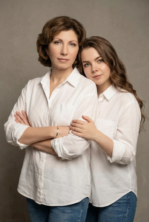 Используй эти два фото мамы и дочери и создай для них студийный портрет в чистом и элегантном стиле. Они стоят рядом, очень близко друг к другу. Дочь мягко обнимает маму за руку и слегка к ней прижимается со спины. Мама сложила руки перед грудью. Образ минималистичный, современный и стильный. На руке у матери тонкий золотой браслет. Профессиональный макияж и прическа.  Не менять черты лица ни на 1 процент. Фон — нейтральный серый с мягкой текстурой. Освещение рассеянное, мягкое, подчёркивающее естественные тона кожи. Атмосфера тёплая, нежная и спокойная, в стиле журнальной съёмки. Обе в свободных стильных белых рубашках с подвернутыми рукавами и джинсах.