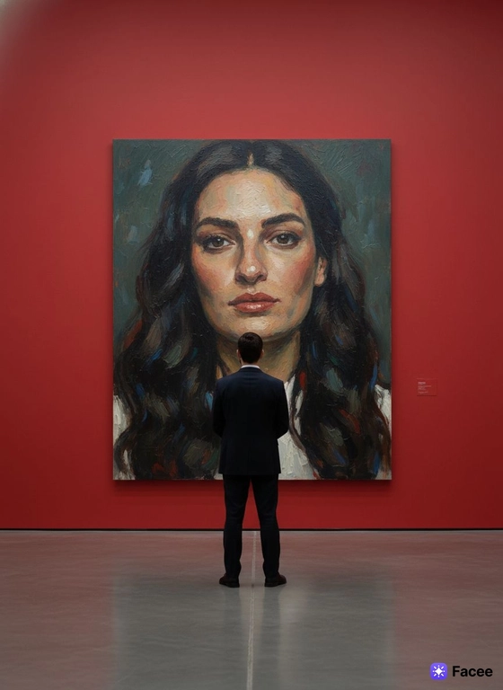 Создай сцену в галерее современного искусства, используй прилагаемое изображение лица и внешности человека, не меняя черты лица. На стене висит большой портрет человека маслом. Её лицо и верхняя часть тела написано в реалистичной, экспрессивной манере масленной живописи с текстурированными мазками и приглушенными цветами. Чистая красная стена галереи создаёт профессиональную атмосферу выставки благодаря мягкому освещению, освещающей произведения искусства. Перед картиной с видом сзади, стоит мужчина рассматривая картину, что придаёт сцену кинематографическое и таинственное настроение.