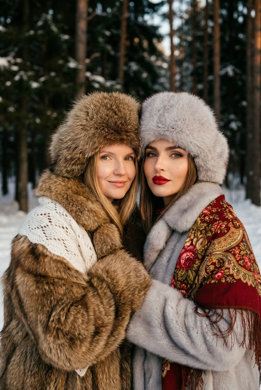 Создай кадр, который представляет собой теплый, уютный, слегка ностальгический зимний портрет в фэшн/фолк-стиле. Атмосфера спокойная, элегантная, дружеская близость двух моделей; сочетание высокой моды (мех, профессиональная ретушь) и фольклорной эстетики (вышитый шарф). Композиция и позирование: Форма кадра: портретный, вертикальный (соотношение примерно 3:4). Расположение: две женщины в центре кадра, тела и головы видны на груди; правая модель немного ближе к камере. Позы: девушки стоят близко друг к другу, левая модель слегка опирается на правую; плечи слегка повернуты к камере. Взаимодействие: мягкая улыбка, закрытое выражение лица, взгляд в камеру; дружелюбный, уверенный тон. Лица и макияж: Кожа: гладкая, естественная текстура, легкий эффект сияния. Глаза: аккуратные блики – оживляют взгляд; нейтральный/теплый макияж теней. Брови: естественная форма, слегка очерчены. Губы: у правой модели насыщенный матовый красный (центральный акцент), у левой – нежно-розовый нюдовый. Волосы: свободные пряди вокруг лица, несколько прядей с легкой волной для естественности. Шапки: большие пушистые меховые шапки с очень четко выраженной текстурой меха; справа – светло-серый мех, слева – коричневый мех. Форма: высокие, округлые, плотно сидят на голове, частично закрывают лоб – создают силуэт и рамку для лица. Верхняя одежда и текстуры: меховые пальто: густой натуральный мех у левой модели коричневый, у правой модели – светло-серый тон с видимым направлением волосков; богатая текстура и объем. У девушки справа на правом плече маленький платок с традиционным русским орнаментом – яркие цветы и листья, на фоне глубокого красного цвета с золотисто-терракотовыми, зелеными деталями; Тонкая бахрома ниспадает на ее плечо. У девушки слева на левом плече небольшой вязаный белый шарф с крупным ажурным узором, что добавляет контраста в текстуре и цвете. Окружение и фон: Лес: темные хвойные деревья, вертикальные силуэты стволов; снег на земле/вдали — размытый фон (боке).