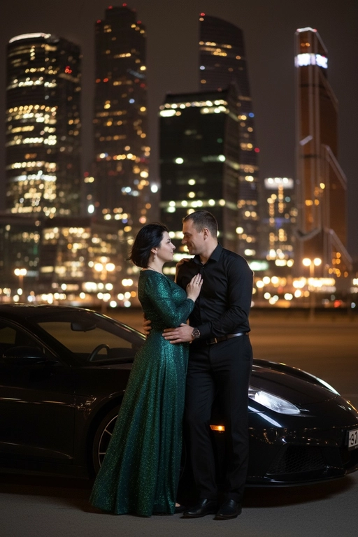 Используй предоставленные изображения и создай фото женщины и мужчины, в романтическом стиле, женщина облокотилась спиной на автомобиль, слегка откинувшись назад. ее слегка взъерошенные волосы мягко развеваются на ветру. Лицом к ней прижавшись стоит мужчина выше нее и одной рукой обнимает её за талию, а другой рукой опирается на машину. Влюбленно смотрит на женщину. На заднем плане изображена Москва-Сити, сияющая теплыми золотистыми огнями ночного города. Улица залита мягким городским светом, создающим гламурную и кинематографическую атмосферу. Поза женщины уверенная и в то же время игривая, и основное внимание уделяется взаимодействию между ней мужчиной. Освещение должно подчеркивать их силуэты, а отражения окружающих огней на стекле автомобиля должны создавать элегантную атмосферу. Мужчина в чёрной рубашке и черных брюках, женщина в вечернем платье 