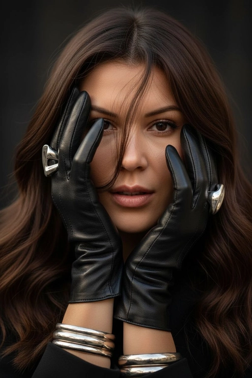 Модный портрет женщины, крупным планом,  в черных кожаных перчатках.  Руки частично заслоняют лицо. Перчатки создают интригующую композицию: одна рука закрывает часть лица, а другая лежит на противоположной стороне, тонко обрамляя нежные черты модели. Губы женщины видны, слегка приоткрыты, глаза открыты, голова слегка наклонена вперед. Несколько прядей волос свободно падают на ее лицо, добавляя ощущение движения. Текстура кожи очень детализирована, демонстрируя поры ее лица. Перчатки блестящие и плотно прилегающие, с тонкими, замысловатыми деталями. Серебрянные массивные кольца видны на пальцах, усиливая ощущение роскоши, а серебрянные браслеты обхватывают запястья. Мягкое, но драматичное освещение подчеркивает текстуру перчаток и кожи, создавая поразительный контраст на темном, мрачном фоне. Общая атмосфера интимная, элегантная и изысканная.