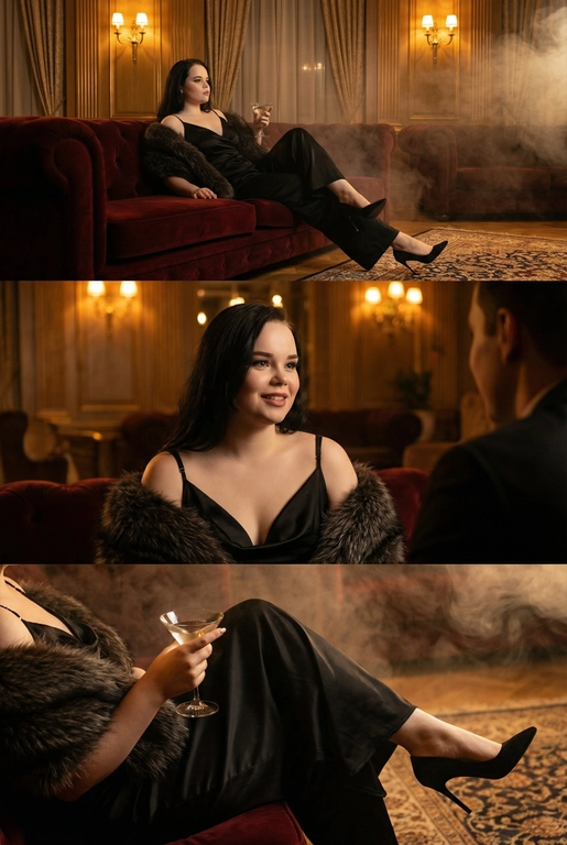 Создай кинематографичный коллаж формата 2:3, состоящий из трёх горизонтальных кадров, расположенных друг под другом. Атмосфера — роскошный барочный гостиничный холл, тёплый янтарный свет, мягкая дымка, винтажные бра, позолоченные панели, бархатная мебель. Женщина с харизмой жены мафии в тёмном атласном комбинезоне на бретелях и роскошном меховом палантине.

Кадр 1 (верхний): широкий план. Женщина расслабленно лежит на бархатном диване, одна нога вытянута, чёрные острые шпильки упираются в ковёр. В руке — бокал мартини. Комната наполнена дымом и тёплым светом.

Кадр 2 (средний): средний портрет. Она слегка улыбается, общаясь с кем-то за кадром. Свет подчёркивает её волосы и мех на плечах. Атмосфера интимная и тёплая.

Кадр 3 (нижний): крупный акцент на детали. Её рука с бокалом, текстура мехового палантина, атлас комбинезона, изящный изгиб ноги в чёрных шпильках, дымка вокруг.

Стиль: кинематографичный, дымный, атмосферный, глубокие тени, мягкие блики, богатые текстуры, настроение нео-нуар.