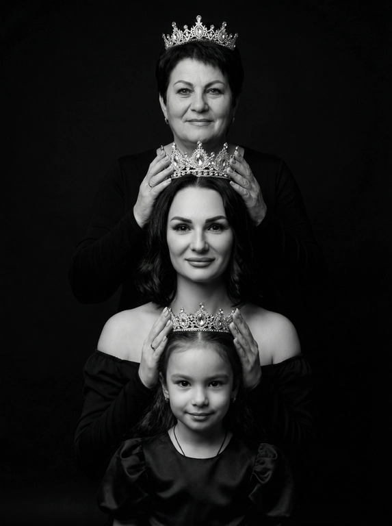 Это студийный портрет, выполненный в драматичном черно-белом стиле. Фон черный. В кадре три женщины разного возраста: две женщины и один ребёнок. Они расположены вертикально друг над другом, образуя «башню». Каждая женщина одета в темную одежду, у всех одежда разного стиля. Верхняя женщина в топе с длинными рукавами, у нее корона на голове . Следующая в платье с открытыми плечами. И ребёнок в платье с рукавами-фонариками.
У каждой на голове корона, которую предыдущая женщина держит руками. Все смотрят в камеру с нежным выражением лица, с лёгкой улыбкой Освещение мягкое, акцент сделан на лицах. Цветовая гамма монохромная, с преобладанием черного и серебристого (от корон). Атмосфера торжественная и немного загадочная. Не меняй черты лица, цвет волос и цвет глаз.

