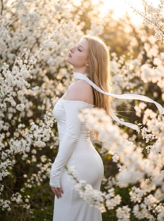 A woman standing among dense white blooming branches.
Side profile, body turned away, head tilted back upward toward the light, eyes closed.
Framing from mid-thigh to head.
Camera slightly below eye level, 85mm look.
Clothing:
Long white fitted dress with long tight sleeves and off-shoulder design (bare shoulders).
Accessory (CRITICAL):
A thin white ribbon scarf around her neck, very light fabric.
The ribbon flows in the wind and extends across the frame.
Flowers (CRITICAL):
Dense white blossoms surrounding the subject exactly like the reference.
Foreground flowers heavily blurred, partially covering bottom and right side.
Background filled with soft white blossoms and warm bokeh.
Lighting:
Golden hour sunlight from top right, strong warm backlight, glowing rim light on hair and shoulders, sun visible through branches.
Shallow depth of field, subject sharp, foreground/background soft.
Warm cinematic tones, soft highlights, photorealistic, high detail.