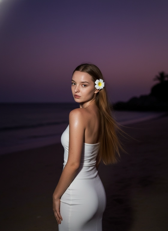 Сделай фото, будто я на пляже, где темно, но кто-то сфотографировал меня со вспышкой, и мое лицо немного блестит и светится, заднем плане закат, как будто солнце село на 98%, оставив фиолетовый оттенок, и само по себе почти темно. Фото сделано из-за моей спины, как будто  мне сказали, повернуться. Я в белом облегающем платье с цветком, заправленным в волосы. Волосы должны развеваться так, как будто дует слегка ветер.