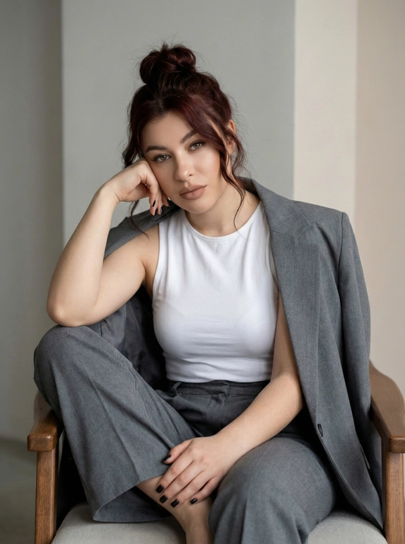   Создай портрет, не меняя черты лица. Портрет молодой женщины в стиле "relaxed business chic". Она сидит в расслабленной  позе, упираясь на спинку стула , она сидит на деревянном современном кресле, нога закинута на стул, рукой упирается на колено,  легко опираясь головой на руку. На ней надет серый оверсайз костюм (пиджак накинут на плечи) и простой белый хлопковый топ без рукавов.
Детали внешности и макияжа:
Макияж безупречный, матовая помада нюдового оттенка с четким контуром, легкий контуринг и акцент на скулах.
Прическа: волосы цвет как на фото, собранные в небрежный высокий пучок ,  выпущенными волнистыми пряди по всей голове и у лица.
маникюр квадратной формы черного цвета короткие . 
Взгляд: Прямой, уверенный, томный.
Технические параметры и фон:
Фон: Минималистичный интерьер в серых и светло-серых тонах, мягкий студийный свет, создающий деликатные тени.
Стиль фото: Высококачественная фешн-съемка, матовая текстура кожи, нейтральная цветовая гамма (серый, белый, бежевый).
Кадрирование: Средний план (по пояс), фокус на лице и верхней части тела.
8К