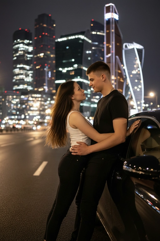 Используй предоставленные изображения и создай фото женщины и мужчины, в романтическом стиле, женщина облокотилась спиной на автомобиль, слегка откинувшись назад. ее слегка взъерошенные волосы мягко развеваются на ветру. Лицом к ней прижавшись стоит мужчина выше нее и одной рукой обнимает её за талию, а другой рукой опирается на машину. Влюбленно смотрит на женщину. На заднем плане изображена Москва-Сити, сияющая теплыми золотистыми огнями ночного города. Улица залита мягким городским светом, создающим гламурную и кинематографическую атмосферу. Поза женщины уверенная и в то же время игривая, и основное внимание уделяется взаимодействию между ней мужчиной. Освещение должно подчеркивать их силуэты, а отражения окружающих огней на стекле автомобиля должны создавать элегантную атмосферу. Мужчина в черных джинсах и черной футболке. Женщина в белом топе и черных джинсах