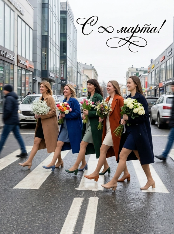 Не изменять черты лица людей с референсов. Люди с референсов идут через пешеходный переход в центре города, одеты в расстёгнутые пальто разных цветов, короткие платья монохромных или приглушенных пастельных тонов, сочетающихся с цветом пальто. Ноги в телесных чулках, обувь на каблуках цвета пальто. Снимок сделан с низкого переднего левого угла, в середине шага, с размытым движением для создания атмосферы модного журнала. Освещение пасмурное для чистого современного тона. Все люди с референсов держат разные букеты в руках. На фото надпись каллиграфическим шрифтом.

Какая будет надпись?: Надпись на фото каллиграфическим шрифтом "С ♾️ марта!"