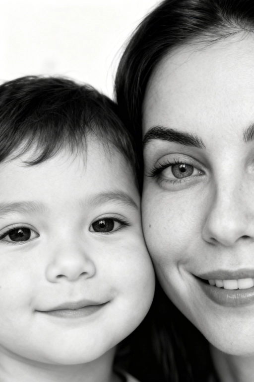 Сверхреалистичная черно-белая художественная фотография 8K женщины и ребенка, снятая очень крупным планом, щека к щеке так что видны только правая половина лица женщины и левая половина лица ребенка. которые смотрят в камеру. Их лица расположены рядом, почти соприкасаясь, образуя идеально сбалансированную симметричную композицию. Каждая деталь передана с фотографической точностью: тонкая текстура кожи и плавные градиенты света и тени. Видимая половина женщины включает ее бровь, один глаз , часть ее носа, щеку и губы, слегка приоткрытые в нежной, естественной улыбке, Видимая половина ребенка включает один глаз , круглую мягкую щеку, часть носа и небольшую улыбку, Фон белый и слегка размытый, что подчеркивает эмоциональную близость между ними. Освещение мягкое и рассеянное, создает деликатный контраст и тональную глубину. На снимке запечатлены нежность, близость и связь между матерью и ребенком, запечатленные с потрясающей реалистичностью. Не меняй черты лиц. 