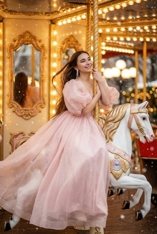   Сказочный праздничный портрет на ретро-карусели, вертикальный кадр до пола. Девушка сидит боком верхом на белой карусельной лошадке с золотыми и пастельно-розовыми декоративными элементами, руками обнимает золотой столб, на ней, уши украшены свисающими серьгами. Волосы распущены и развеваются, лицо слегка повернуто в сторону, выражение расслабленное и радостное. Фон залит тёплым светом гирлянд и лампочек карусели, золотые рамы зеркал и размытые огни парка создают атмосферу роскошной рождественской ярмарки, в воздухе лёгкие снежинки и боке. Гламурный праздничный стиль, насыщенные тёплые тона, мягкое боке, high fashion editorial, 8k, cinematic lighting, shallow depth of field, festive atmosphere. --ar 9:16 --v 6 --style raw --q 2 На ней пышное вечернее платье нежно‑пудрового цвета, из материалы -органзы, с рукавами буфами, создающими объём и движение