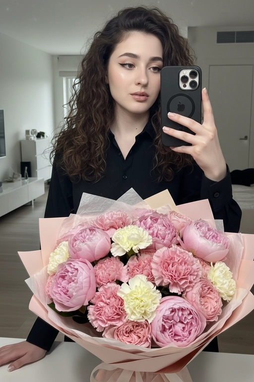 На фото — интерьерная зеркальная селфи-композиция на айфон 16 pro. Центральный объект в кадре — девушка в чёрной рубашке. Макияж естественный, длинные ресницы, блеск на губах. Сходство 100%. Девушка держит телефон в правой руке, аппарат в тёмном (чёрном) чехле с модулем камеры в верхнем углу: заметна круглая конфигурация объективов. Левой рукой она опирается на поверхность стола или пола позади большого букета. Ногти аккуратно накрашены в светлый оттенок. На переднем плане очень крупный пышный букет, упакованный в бумагу пастельных тонов. На фоне современный домашний интерьер. Букет в розовой гамме, цветы: крупные махровые пионы/гвоздики/гортензии или похожие по форме рuffled-бутоны разной интенсивности розового. 