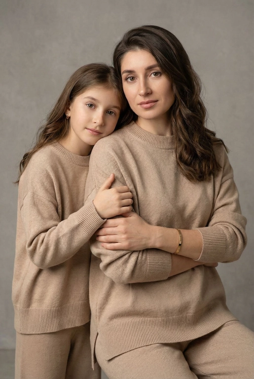 Используй эти два фото мамы и дочери и создай для них студийный портрет в чистом и элегантном стиле. Они стоят рядом, очень близко друг к другу. Дочь мягко обнимает маму за руку и слегка к ней прижимается со спины. Мама сложила руки перед грудью. Образ минималистичный, современный и стильный. На руке у матери тонкий золотой браслет. Профессиональный макияж и прическа.  Не менять черты лица ни на 1 процент. Фон — нейтральный серый с мягкой текстурой. Освещение рассеянное, мягкое, подчёркивающее естественные тона кожи. Атмосфера тёплая, нежная и спокойная, в стиле журнальной съёмки. Обе в свободных стильных бежевых свитерах и брюках.