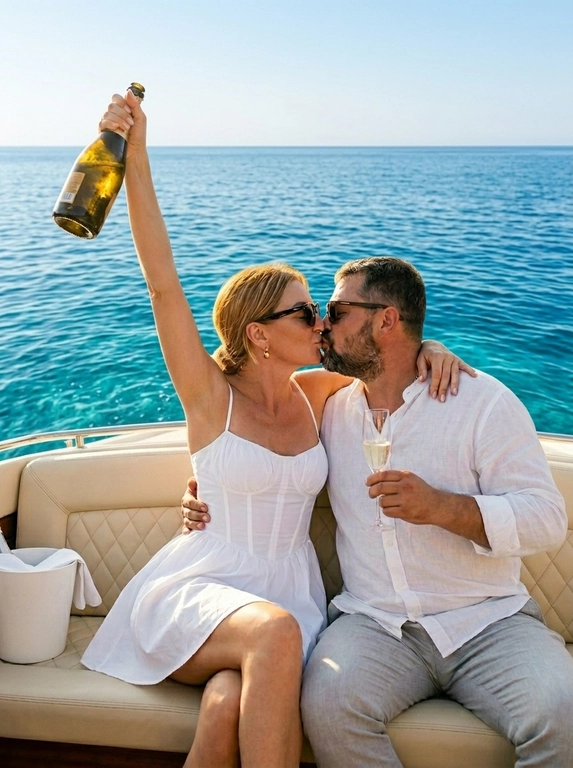 Реалистичная летняя lifestyle-фотография пары, отдыхающей на катере на фоне горного озера. Кадр поясной, пара по центру, точка съёмки на уровне их груди, лёгкий наклон камеры. Поза радостная и романтичная: пара сидит вплотную друг к другу на мягком кремовом стёганом сиденье катера, корпуса развёрнуты друг к другу. Они слились в нежном поцелуе — губы сомкнуты, глаза прикрыты, выражения счастливые и беззаботные, candid-момент. Женщина левой рукой триумфально подняла вверх высоко над головой бутылку шампанского, торжественный жест празднования; правая рука обвивает плечо мужчины. Мужчина одной рукой обнимает женщину за талию, в другой руке держит у груди бокал-флейту с игристым. На обоих стильные тёмные солнцезащитные очки. Женщина одета в белое летнее мини-платье из лёгкого хлопка на тонких бретелях с корсетным верхом, мягкой драпировкой на груди и пышной расклешённой юбкой. Мужчина в белой льняной рубашке свободного кроя с длинными рукавами и светло-серых брюках. Украшения женщины: маленькие золотые серьги. Макияж естественный летний: ровный сияющий тон, лёгкий персиковый румянец, мягкие тёплые тени, тушь, мягко прорисованные брови, нюдово-розовая помада с лёгким блеском. На сиденье катера слева стоит белое ведёрко для льда с белой салфеткой. Фон: широкая панорама итальянского горного озера в стиле озера Комо — мерцающая голубая водная гладь с солнечными бликами, на дальнем плане поросшие зеленью горные склоны с виллами и кипарисами, ясное светлое небо. Свет: тёплое мягкое солнце золотого часа сзади-сбоку, создаёт выраженный контровой свет, золотистые блики на воде, волосах, коже и тканях, мягкое летнее свечение. Атмосфера праздничная, романтичная, гламурная, благородная, отпускная. Стиль: реалистичная lifestyle-фотография в эстетике соцсетей, чистые тёплые натуральные цвета, лёгкая плёночная фактура, малая глубина резкости, резкий фокус на лицах. Снято на 35mm f/2.2.