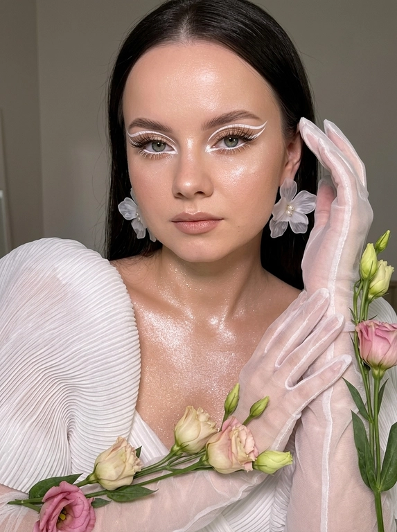 Создай крупный портрет в стиле высокой моды, не меняя черты лица. Элегантный макияж глаз с длинными острыми белыми двойными изогнутыми стрелками, длинные густые ресницы эффект лучики, нижние густые ресницы накрашены белым, белый каял карандаш на нижнем веке, белый хайлайтер во внутренних уголках и на скулах. Тело и декольте подсвечены хайлайтером и шиммером. На ушах объемные полупрозрачные белые серьги-цветы. Высокая детализация текстур кожи и одежды. Лицо освещено ярким белым светом, изящный кадр с нежным светом, мягко обволакивающим фигуру и подчеркивающим пышные складки белого платья из тонкой плиссированной ткани, создающей легкость. В длинных полупрозрачных перчатках, добавляющих изысканности и загадочности. По запястьям из-под перчаток и по предплечьям живые цветы — розовые и кремовые бутоны эустомы и листья, контрастирующие с кожей и блеском перчаток. Лицо обращено к камере, выражение спокойствия и мечтательности, с влажной сияющей кожей. Равномерно светлый нейтральный фон акцентирует фигуру и детали, тени размыты, создавая атмосферу тепла и уюта. Композиция сосредоточена на верхней части тела и руках, подчеркивая грациозность и изящество, фотореалистичное изображение, высокая детализация, 8K, высокая контрастность. Девушка смотрит прямо в камеру.