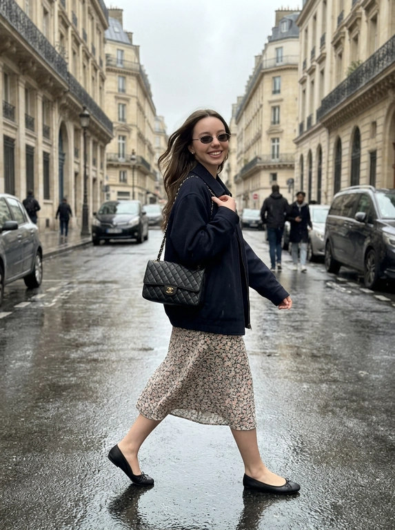 ultra-realistic lifestyle fashion photo of a young woman from the reference image crossing a rainy street in paris, wearing the same outfit from the provided reference image, dark navy oversized jacket layered over a delicate floral midi dress, black ballet flats, tiny oval sunglasses, vintage chanel shoulder bag, effortless downtown-girl elegance, cinematic urban atmosphere, wet asphalt reflections, muted cloudy daylight, natural movement in the dress and hair, candid walking pose. do not make any changes to the face, hairstyle, or outfit. preserve facial features, expression, hair color, hair structure, and clothing exactly as in the reference image.
shot on iphone 16 pro, 24mm equivalent lens, photographed from a slightly low street-
level angle with wide perspective framing, capturing the full body mid-step and emphasizing the scale of the surrounding architecture. natural overcast lighting, realistic smartphone hdr processing, subtle motion blur from walking, authentic skin texture, gentle depth separation, candid handheld framing