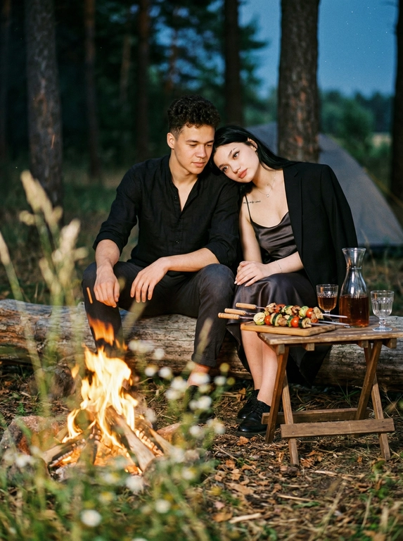 Мужчина и женщина сидят на природе у костра рядом с небольшим столиком, на котором овощи, шашлык, графин с напитком и два стакана. Они находятся в лесу, сидят на бревне. Женщина положила голову на плечо мужчине, оба смотрят на костёр. Фото слегка смазанное. Женщина одета в атласное платье-комбинация на тонких лямках, а поверх накинут мужской черный пиджак. Мужчина в чёрной льняной рубашке с закатанными рукавами. На переднем плане сбоку частично размытая трава вне фокуса, создаёт эффект движения. Кинематографический эффект с добавлением зерна. Не меняй черты лица.