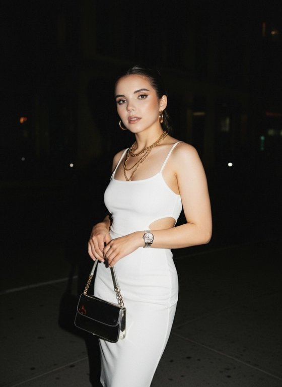 Промпт: RAW-фото в стиле Y2K, снятое на ходу на улице с яркой вспышкой телефона. Молодая девушка (сохранить лицо с загруженного фото) стоит на темном фоне в белом платье в стиле 2000-х с сумкой в руках. Кадрирование спонтанное, крупным планом, словно случайный снимок в движении, запечатлевший момент. Поза расслабленная, слегка кокетливая, но абсолютно естественная. Прямая вспышка создает резкие блики на плитке и мягкое сияние на коже, придавая снимку аутентичный глянцевый блеск и теплоту начала 2000-х. В свете вспышки сверкают украшения: многослойные золотые цепи, серьги-кольца,  и наручные часы, добавляя образу избыточную, но непринужденную роскошь в духе Y2K. Атмосфера реальной афтепати: «грязный» гламур, уверенность и отсутствие позирования. Освещение: прямая вспышка мобильной камеры, сильные отражения на сумке и платье, легкое зерно цифрового шума.
Памятка по деталям:
Стиль Y2K: Здесь акцент идет на «пересвеченную» кожу и жесткие тени от вспышки.

Напишите в чат, если нужно изменить что-то еще