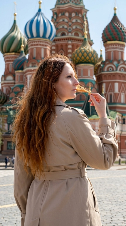 Фотореалистичная атмосферная фотография женщины на фоне Собора Василия Блаженного в Москве. Женщина стоит спиной и боком к камере, корпус развёрнут от объектива, голова повернута в профиль вправо, взгляд направлен вдаль. Одна рука поднята к волосам, пальцы легко касаются прядей у лица.

Волосы слегка развеваются на ветру и подсвечены солнцем.

Макияж soft glam: естественная текстура кожи, мягкий румянец, аккуратные брови, тонкая коричневая стрелка, выразительные ресницы и натуральные пудрово-розовые губы.

На женщине элегантный бежевый тренч классического кроя с широкими лацканами, объёмными рукавами и поясом на талии. Ткань плотная, матовая, держит форму. Образ выглядит сдержанно, дорого и подходит под городской travel-fashion кадр.

Собор Василия Блаженного занимает большую часть заднего плана, хорошо читаются красно-белые фасады и разноцветные купола. Женщина расположена в нижней центральной части кадра, архитектура эффектно возвышается над ней.

Камера находится немного ниже уровня плеч и снимает слегка снизу вверх, подчёркивая масштаб собора. Средний план, женщина показана примерно от бёдер.

Яркий солнечный дневной свет. Солнце находится сбоку и немного сзади, создавая золотистый контровой свет по волосам и плечам, естественные блики и мягкие тени на лице.

Чистое голубое небо, лёгкая летняя дымка, натуральная городская атмосфера, высокая детализация архитектуры, реалистичная текстура кожи и волос, лёгкая плёночная обработка, живой travel-fashion кадр без AI-эффекта.