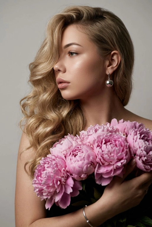 Создайте ультрареалистичный портрет, не меняя черты лица, крупным планом 3/4, с мягкой, освещённой кожей, атласной отделкой и естественным блеском, где женщина изображена в профиле. Спокойное и чувственное выражение лица, губы слегка полуоткрыты. Она носит серебряные серьги-шары и простой серебряный браслет на запястье.
Фон нейтральный, в светло-сером тоне, с тёмным, целенаправленным низким угловым освещением, которое подчёркивает контур лица, текстуру кожи и объём волос. Стиль редактирования — высокая мода, чёткий фокус 8K, реалистичная текстура, изысканная и элегантная атмосфера.


Длинные волнистые волосы покрывают часть лица объёмными локонами, выпадающими на лицо и плечо. 

Цветы: Держит в руках огромный букет розовых пионов