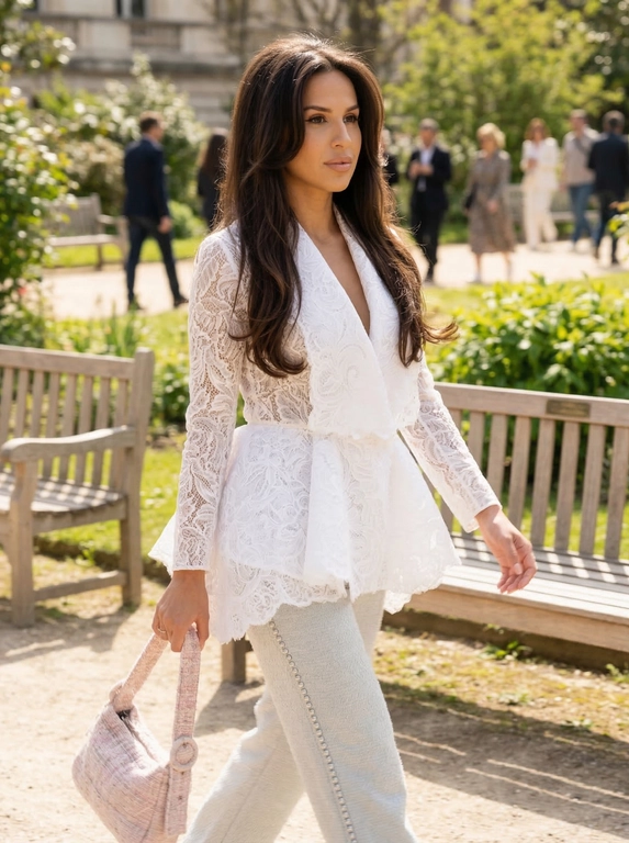 Сохранить внешность на 100%. Черты лица не изменять. Создай фото Ультрареалистичный уличный снимок. В кадре видно девушку, фото в движении, идет прямо к камере, взгляд немного сбоку камеры. Волосы цвет и длина как на референсе, объемные у Корней, боковой пробор, прямые с завитыми концами, блестящие, густые. Кожа легкий загар, нюдовый макияж, сходство 100%. Одета в образ что на втором фото. Фон светлый, возможно, снимок сделан в дневное время в саду, заметны скамейки, прогуливающиеся по саду люди. Снимок снят в движении. Формат 9:16