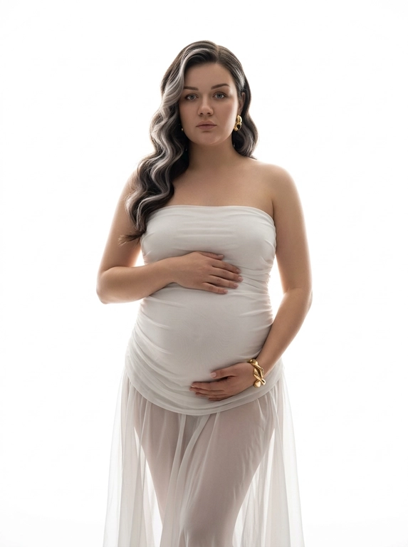 Ultra-realistic high-fashion maternity portrait, framed from knees up. Woman stands centered against a pure white seamless studio background. She wears a strapless sculptural white gown made of sheer layered chiffon and silk, tightly fitted over the pregnant belly and hips, flowing softly downward with translucent folds. The dress emphasizes the round belly clearly and elegantly.

Pose: body slightly angled, both hands gently resting on the belly, one above and one below. Gaze directed straight into the camera, calm, powerful, intimate. Posture upright and confident.

Jewelry minimal: bold gold earrings and a sculptural gold bracelet.

Lighting: high-key studio lighting from behind and slightly from the sides, creating a glowing halo effect around the silhouette, soft rim light outlining the body, gentle frontal fill to keep facial features clear. No harsh shadows, smooth tonal transitions, depth and volume preserved.

Skin looks real and natural with visible texture, no smoothing, no CGI. Editorial luxury maternity aesthetic, timeless, emotional, refined. No text, no logos, no watermark.

Причёска: Hair styled in large polished Hollywood waves with soft volume, falling elegantly over one shoulder.